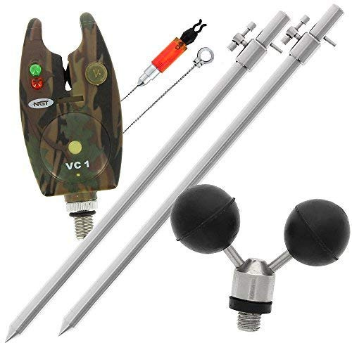 NGT Carp Fishing VC1 Camo Bite Alarm + 2x 30-50cm Bank Sticks Rest and Indicator
