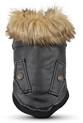 LESYPET Hundelederjacke für kleine Hunde, wasserdichte Hunde-Winterjacke, Welpenmantel mit Fleece gefüttert, ultra-warmer Pelzkragen, Hundemantel, Schwarz, Größe M