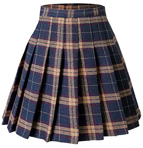 Hoerev Frauen Mädchen vielseitig Plaid gezauter Rock mit Shorts für kaltes Wetter,Navygitter,EU 32