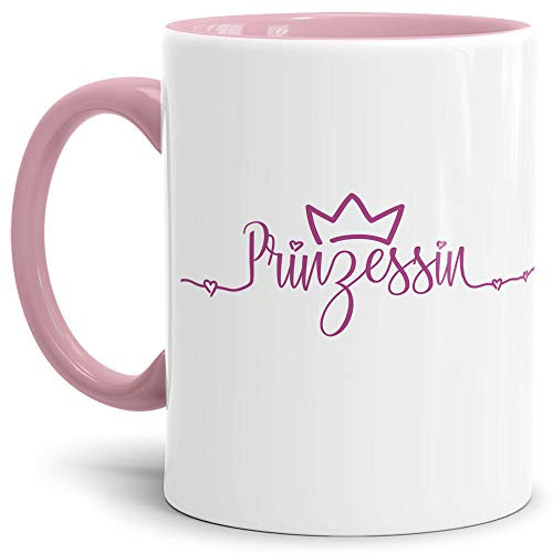 Tassendruck Prinzessin-Tasse mit Spruch Prinzessin - Krone - Glitzer/Rosa/Geschenk-Idee/Stern/Regenbogen/Innen & Henkel Rosa