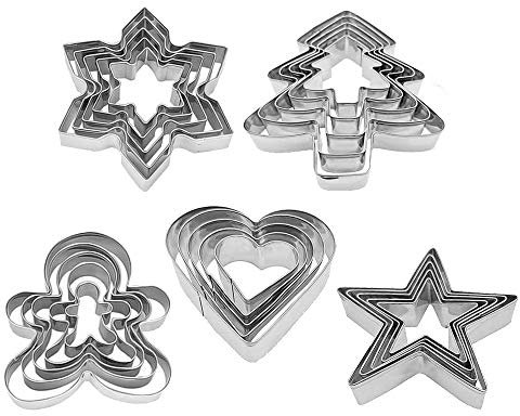 Ausstechformen Weihnachten Ausstecher, 25PCS Keksausstecher aus Edelstahl, Herz Lebkuchenmann Stern Schneeflocke Tannenbaum Ausstechform, für Torten Fondant Weihnachten Kekse Backen