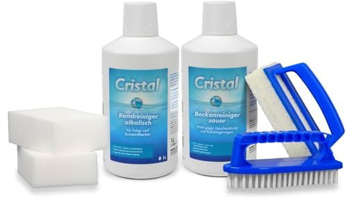 POOL Total Cristal Poolreinigung Set - Randreiniger - Beckenreiniger - Handbürste - Nano-Reinigungsschwamm - Gegen Schmutz + Kalk - Folienbecken Kunststoffbecken