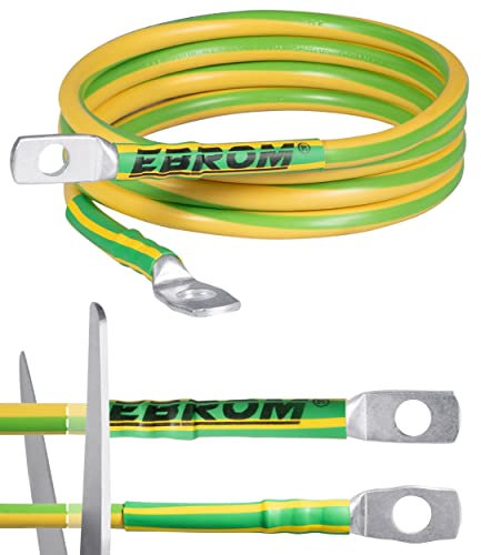 EBROM Erdungskabel - Erdungsleitung H07V-K 16 mm² grün-gelb Erdungsleiter, 30 cm bis 10 m Länge + Kabelschuhe M6/M8/M10/M12 kombinierbar, Made in Germany, 16 mm2 für Kreuzerder 90 cm Loch M8 und M10