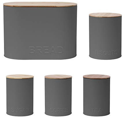5PC Oval Kitchen Storage Set: Bread Bin, Biscuit Tin and Tea, Coffee & Sugar Canister Set - Matt Slate Grey - Embossed Lettering Design.