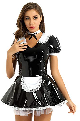 CHICTRY Damen Kostüm Dienstmädchen Uniform Lack Leder Kleid Minikleid Cosplay Outfits Dessous Set 3Pcs Nachtkleid mit Halsband Gr. S-XXL Schwarz A L