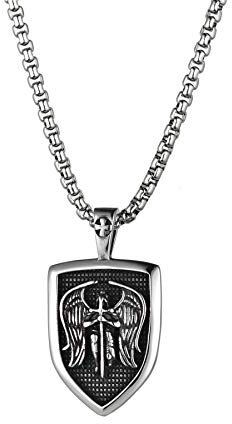 Flongo Herren-Kette Männer Anhänger Halskette Rosenkranz Kette Silber mit Saint Michael The Archangel Schild Herren-Accessoires