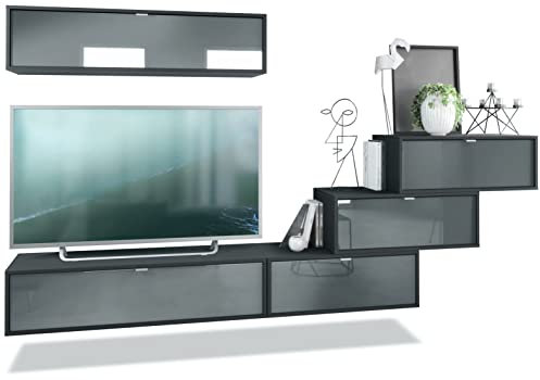 Vladon Wohnwand Lana V1 Anbauwand aus 5 Hängeelementen mit 12 Fächern, Made in Germany, Korpus in Schwarz matt, Fronten in Grau Hochglanz | Große Farbauswahl