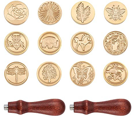 PandaHall Wachssiegel-Stempel-Set mit 12 Stück 25 mm Blumen und Tier, abnehmbarer Siegelstempel aus Messing und 2 Holzgriffen, für kreative Geschenkumschläge, Einladungen, Hochzeitskarten, Dekoration
