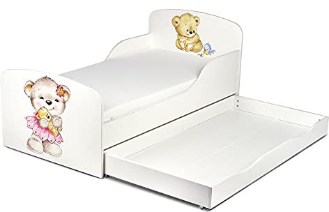 Leomark Einzelbett aus Holz mit Matratze, Kinderbett mit Schubladen für Bettwäsche, Stauraum, Holzbett + Lattenrost, Komplett Set, Liegefläche 70/140 cm, UV-Druck (Meine Bären)