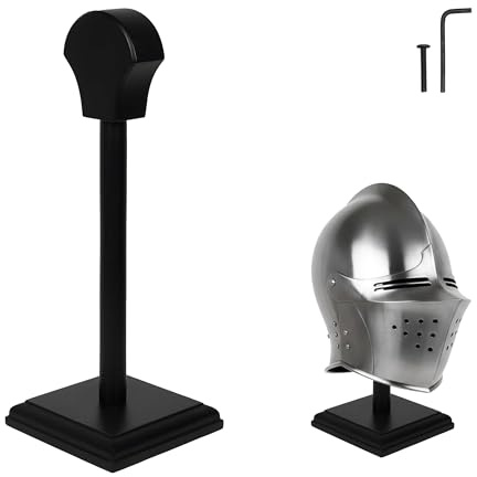 Mythrojan Helmet Stand Wooden Helmet Holder Table Top Display Décor Stand for Spartan, Templar, Motorcycle, Caps, Hat Decorative Desktop Hanger Rack Vintage Home Décor Gift, Black - Small 14 Inches