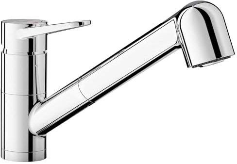 BLANCO WEGA-S-F II | Küchenarmatur in chrom | Hochdruck | Mit herausziehbarem Schlauch | Vorfensterarmatur zur Montage vor dem Fenster | Keramik Kartusche | Gesicherte Wasserqualität & wassersparend