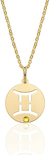 AKA Gioielli® - Collar Horóscopo Plata de Ley 925 Dorado con Colgante Signo del Zodiaco y Piedra de Color para Mujer