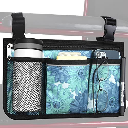 Rollstuhlaufbewahrungstasche Armlehnentasche mit Becherhalter und Reflektorstreifen Wasserdichtes Gewebe, für die meisten Rollstühle, Rollatoren oder Rollatoren (Blau Geblümt)