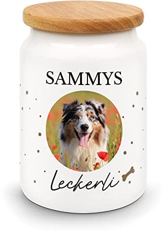 PfotenSchild Große Leckerlidose aus Keramik mit Holzdeckel selbst gestalten - personalisiert mit Foto und Wunschnamen - für Hunde, Katzen und andere Haustiere - tolle Geschenkidee