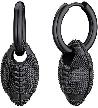 FindChic Ohrringe für Herren mit Rugby Ball Anhänger Creolen Damen aus Edelstahl Nickelfrei als Geschenk zum Geburtstag, Weihnachten, Valentinstag Schwarz