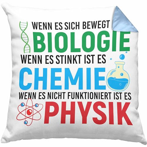 Trendation Biologie Chemie Physik Kissen mit Füllung 40x40 Geschenk Nerd Lehrer Geschenkidee Naturwissenschaften Studium Student Geschenkidee (Blau)