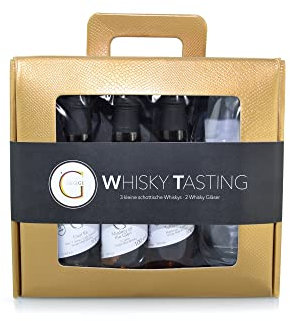 GeGeGe WHISKY TASTING Geschenk Set · 3 Single Malt Whiskys & Whisky Glas · Scotch Whisky Probierset mit 3 hochwertigen Whiskysorten im Goldenen Koffer
