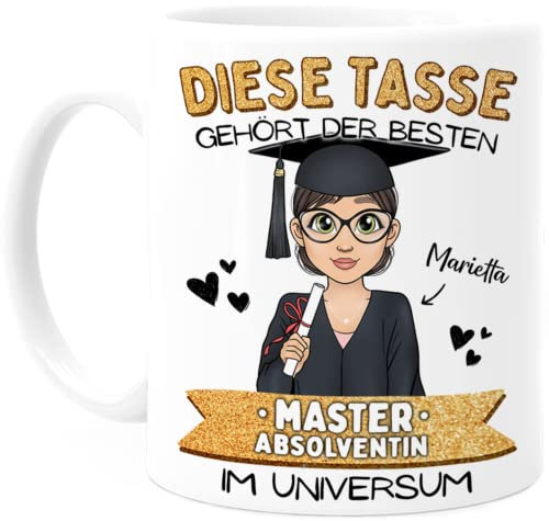 Tassenliebling Master Tasse personalisiert - Beidseitiger Druck - Abschluss Geschenk - für die beste Absolventin - Bestandene Prüfung zum Studienabschluss, - Weiß
