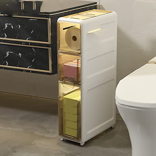 BUJOG Hoher, schmaler Badezimmer-Bodenschrank, hochwertiger WC-Seitenschrank aus Kunststoff mit transparenten Schubladen und Rollen. Schmaler Kommodenturm für kleine Räume und Ecken, leicht zu rei