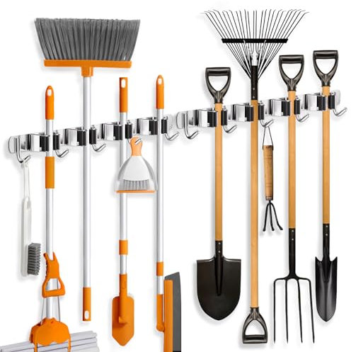 ZONGOOL 2 Pack Mop Broom Holder Wall Mount, 4 Racks and 5 Hooks Broom Organizer Storage Tool Racks Stainless Steel Non-slip Wall Hanger for Home Kitchen Garden Laundry Garage (Silver)