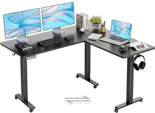 Claiks Eckschreibtisch Höhenverstellbar 160x140cm mit Dual-Motor, Schreibtisch L Form Höhenverstellbarer Schreibtisch auf Rollen, L-förmiger (Schwarz, 160x140cm Zwei Motoren)