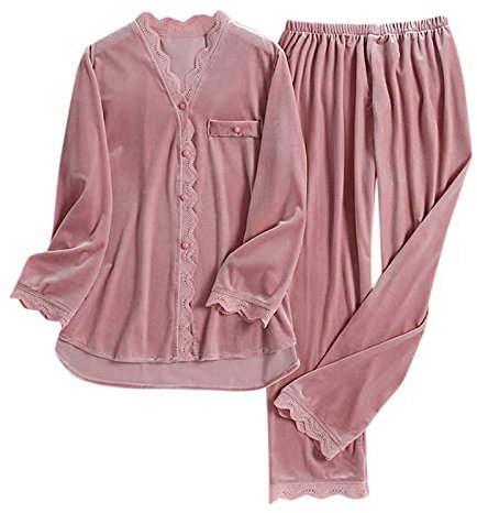 Générique Pigiama caldo da donna, pigiama da donna, invernale, in pile, caldo invernale, per donna, camicia a maniche lunghe, in velluto dorato, pantaloni, pigiama, Rosa, XXL