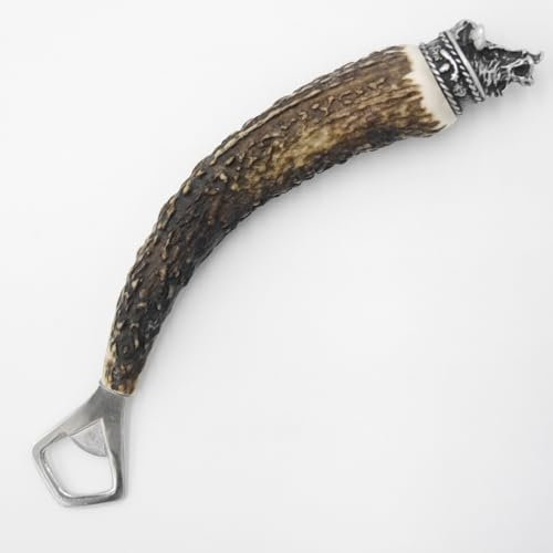 GTK Geweihe & Trophäen Krumholz Apribottiglie con corna di cervo, manico in corno di cervo con tappo terminale, decorazione di cinghiale, testa di cuneo, GL 23 cm, 27.19.6.43
