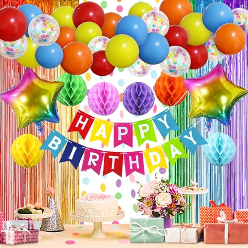 ZERODECO Mehrfarbig Geburtstag Dekorationen, Regenbogen Fransen Hintergrund Happy Birthday Banner Waben Kugeln Pompoms Folie Ballons für Bunte Geburtstag Party Dekorationen