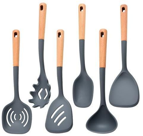 Omtofo 6 Piezas Utensilios Cocina de Silicona, Set di utensili da cucina per pentole antiaderenti, Sin BPA, Utensilios de Cocina con Mango de Madera sin BPA