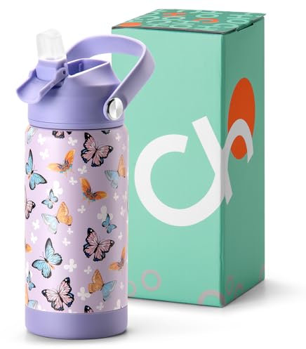 Choco Mocha Girls Water Bottle Kids Stainless Steel Water Bottle Metal Water Bottle with Straw Leak Proof Insulated Bottle for School BPA Free Double Wall 450ml/14Oz, Purple Butterfly