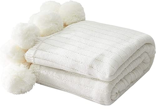 Flauschige weiße Pompon-Überwurfdecke für Couch, weiche, gemütliche und warme Strickdecke mit flauschigen Bommeln