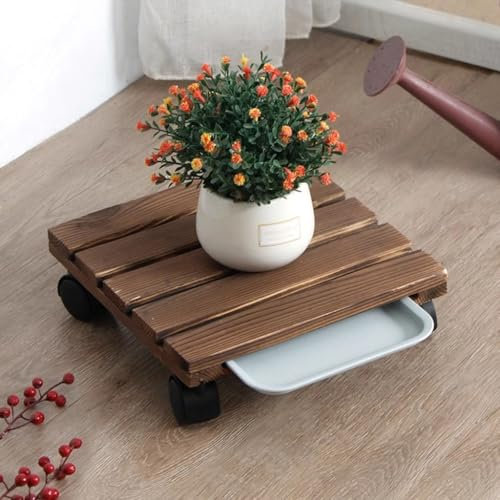 Agashi Support de Plantes En Bois Avec Roulettes, Support de Plantes Roulant Avec Roulettes Verrouillables À 360° Pour Tours de Jardin, Bases de Parasol de Patio/Brown/30Cm