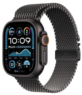 Apple Watch Ultra 2 (49 mm GPS + Cellular) Montre de Sport connectée avec Boîtier en Titane Noir et Bracelet Milanais Titane Noir (Large). Suivi de l’activité, GPS Haute précision, Neutre en Carbone