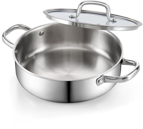 Cook N Home Deep Saute Pan with Lid 4 Quart, Tri-Ply Clad Stainless Steel Deep Frying Pan, 10.5 Inch Skillet, Induction Cooking Pan Kitchen Pan, Silve