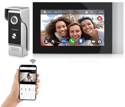AOAMZ Video Timbre Intercomunicador Sistema de Videoportero por Cable, 7 Pulgadas LCD, WiFi Tuya, Pantalla Táctil a Color, Cámara Exterior 1080p, Visión Nocturna, detección de movimiento PIR, Familias