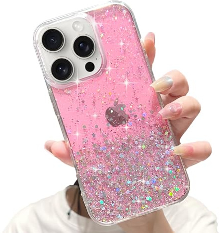 LCHULLE Glitter Cover per iPhone 16 Pro Max Brillante Custodia,Rosa | Trasparente Cover con Brillantini,Glitter Custodia Antiurto Protettivo,Clear Case TPU Cover per Ragazze e Donne