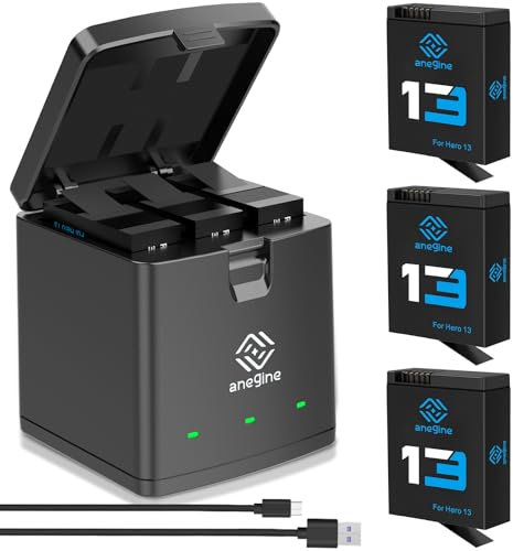 Anegine Hero 13 Lot de 3 batteries rechargeables 2100 mAh et LED 3 canaux USB pour GoPro Hero 13 Black Enduro avec type C