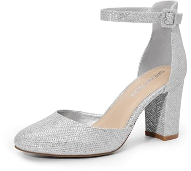 DREAM PAIRS Damen Pumps Brautschuhe mit Blockabsatz und Knöchelriemen,Size 40,Silber-Glitzer