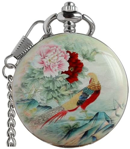 VIGOROSO Manuelle mechanische Taschenuhr im Vintage-Stil mit Blumenmotiv für Damen und Herren, elegante aufziehbare Taschenuhr, Skelett mit Kette und Geschenkbox, Grün , Taschenuhr