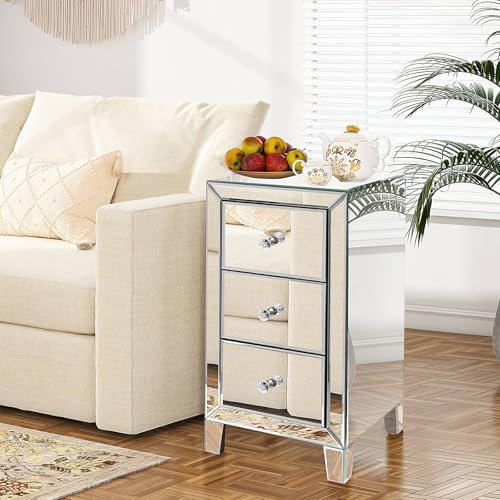 BST FURNH Table de chevet avec miroir et 3 tiroirs - Table d'appoint en verre miroir - Commode argentée - Mini armoire de chambre à coucher (30 x 30 x 60 cm)