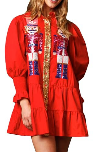 Qianderer Womens Christmas Sequin Nutcracker Dress Long Sleeve Tiered Glitter Nutcracker Print Holiday Party Mini Shirt Dresses (Ba Red, L)