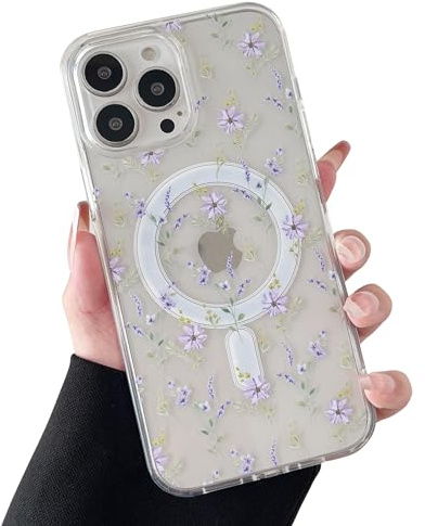 ZTOFERA kompatibel mit MagSafe,für iPhone 15 Pro Hülle Blumen,Lila Blume | Transparente, Weicher TPU-Rahmen,stoßfest und schützend,leicht abnehmbar