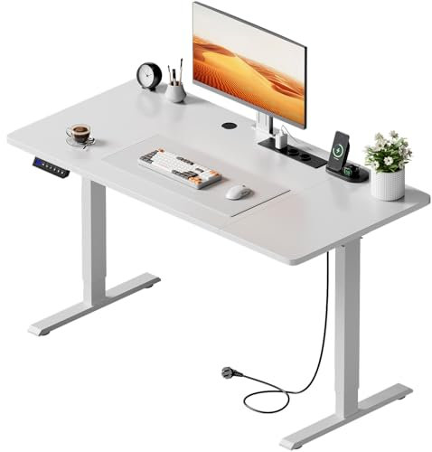 HLFURNIEU Bureau Assis Debout Electrique, 120 x 60 cm, Table Reglable Hauteur, avec Prise Intégrée, Port USB, 3 Positions Mémorisables, Blanc