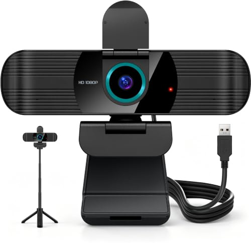 RUWBY Full HD 1080P Webcam with Built-in Dual Mics, Wide-Angle Lens, Privacy Cover, Tripod Stand, Autofocus Computer Camera, Plug and Play for Desktop PC or Laptop