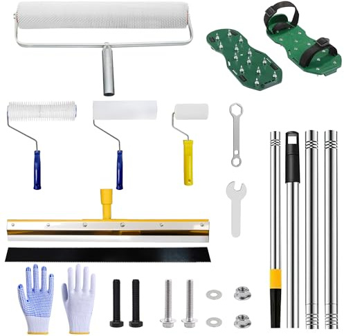 Complete Self Leveling Concrete Tool Kit, 20in Spike Roller, Epoxy Tools | All-in-One Set with 20in Gauge Rake, 9in Spike Roller, 9in & 4in Floor Rollers, Spiked Shoes and 58in Extension Pole