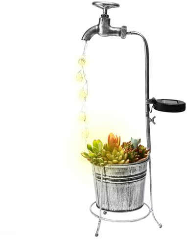 Hbbgdiy Solar Waterfall Lights, 23.6 Inch Water Faucet Solar Watering Can with Flower Pot and Water Drop String Light Waterproof Garden Ornaments for Lawn Patio Yard Pathway Gardening Gifts NO Flower