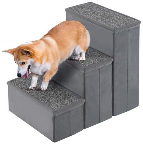 COSTWAY Hundetreppe 3 Stufen Faltbar, Haustiertreppe mit Stauraum, für kleine große ältere Hunde bis 50 kg, rutschfeste Hunderampe für Bett Sofa Couch Auto, Katzentreppe, 51 x 39 x 45 cm, Grau