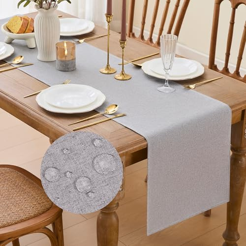 GUJOXILA Modern Tischläufer Hellgrau 40 x 140 cm Tischläufer Wasserabweisend Abwaschbar Leinenoptik Küche Esstisch Tisch Dekoration für Hochzeiten Drinnen Urlaub Party Dekor