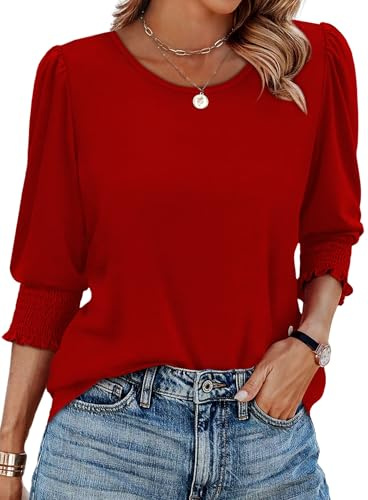 XIEERDUO Womens Tops 3/4 Sleeve Tops Blouses for Women UK Long Sleeve T Shirts Crew Neck Tunic Tops Curve Hem Size 22-24 Red