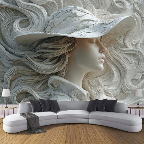 Carta Da Parati Fotografica 3D Effetto Donna Che Indossa Cappello,430×300cm Fotomurali Moderna Decorazione XXL Poster Gigante Goffrato Strisce Design Carta,Fotomurali Tessuto Non Tessuto TNT Bianco